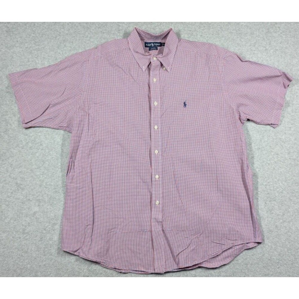 Ralph Lauren Men Shirt XL‎ Blake Cotton Red Blue Gingham Plaid Logo Short Sleeve